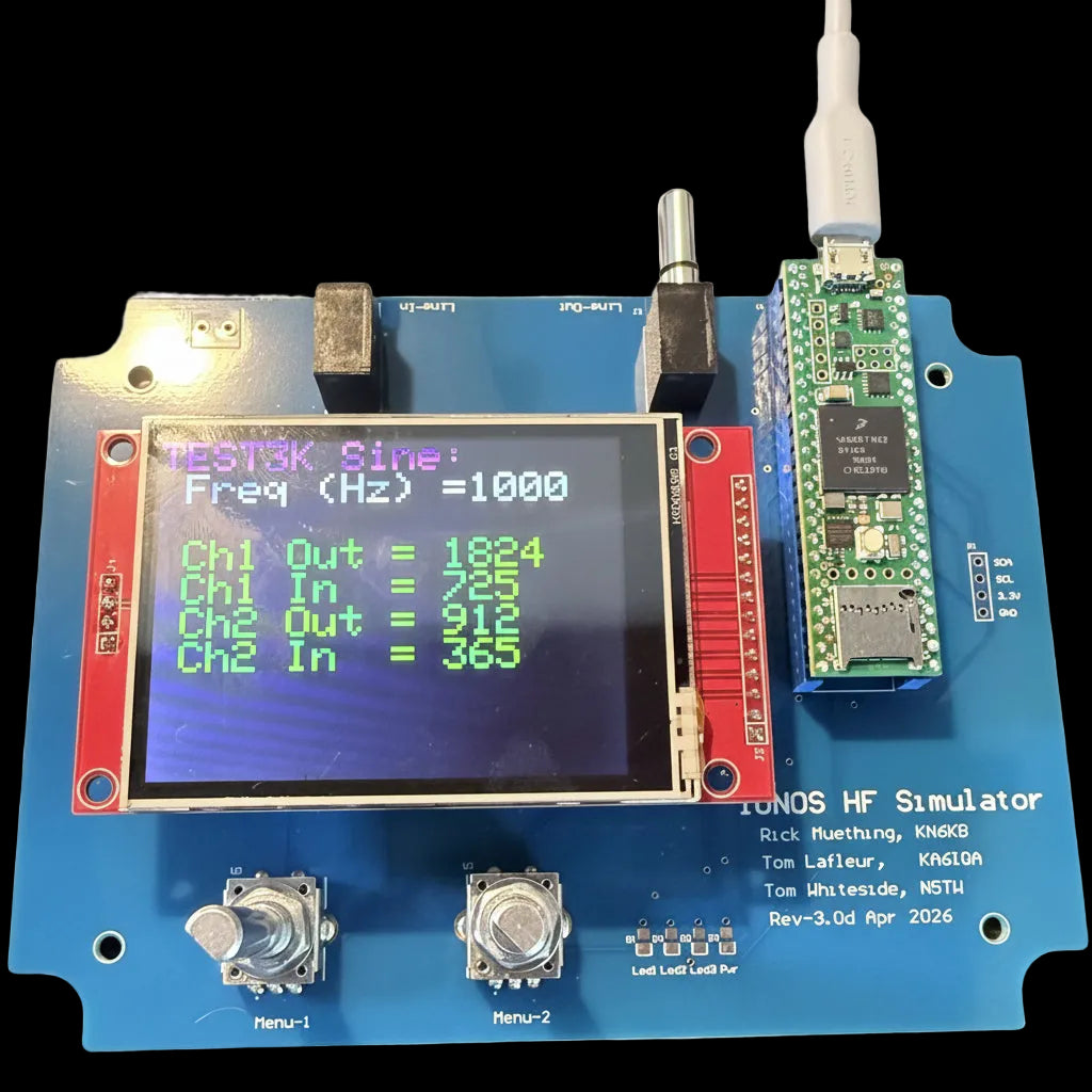 HF simulator board with digital display and control buttons on a blue background